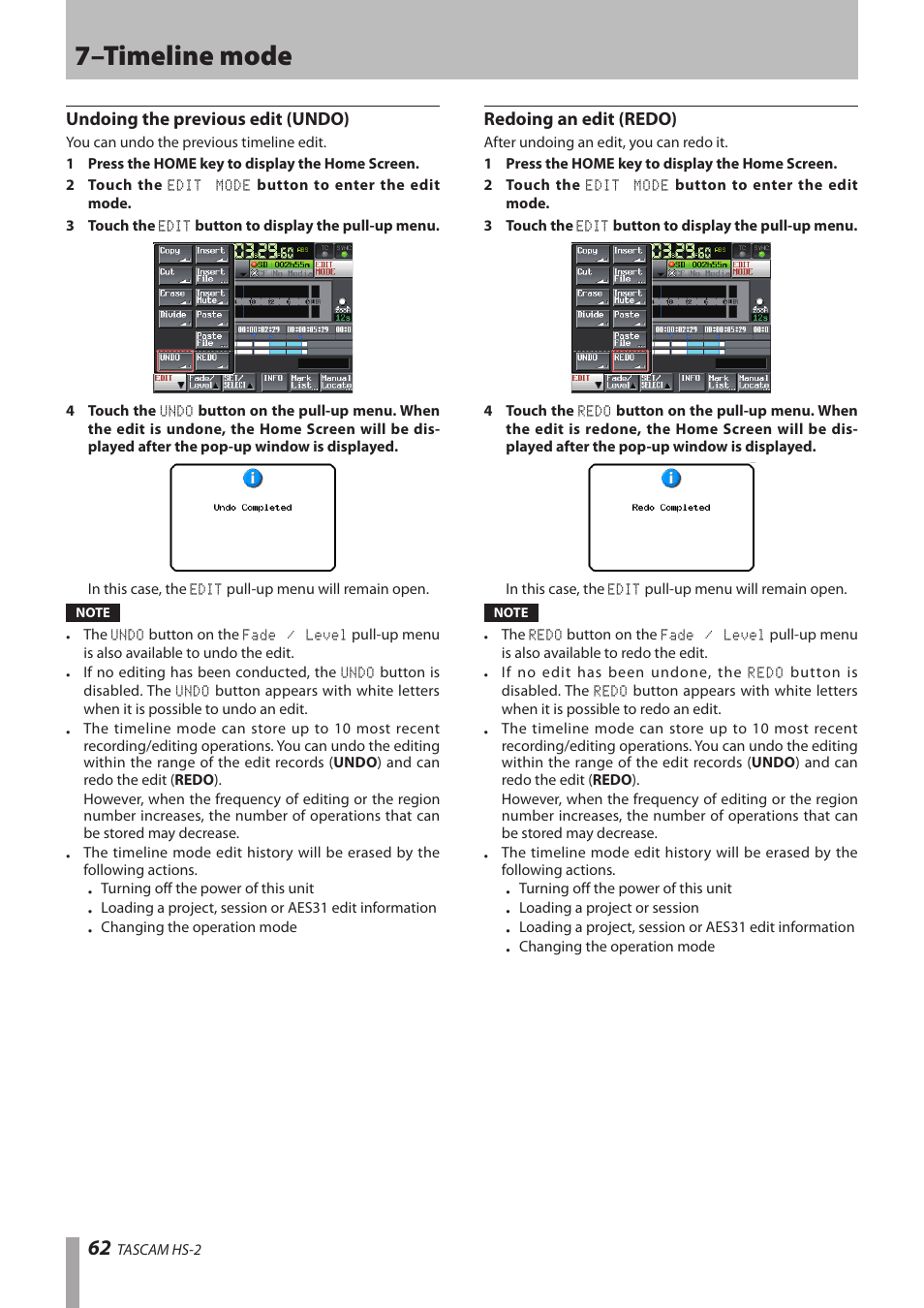 Undoing the previous edit (undo), Redoing an edit (redo), 7–timeline mode | Teac HS-2 User Manual | Page 62 / 132