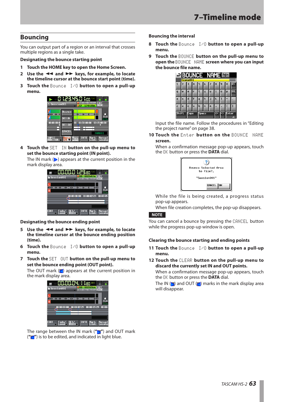 Bouncing, 7–timeline mode, 63 bouncing | Teac HS-2 User Manual | Page 63 / 132