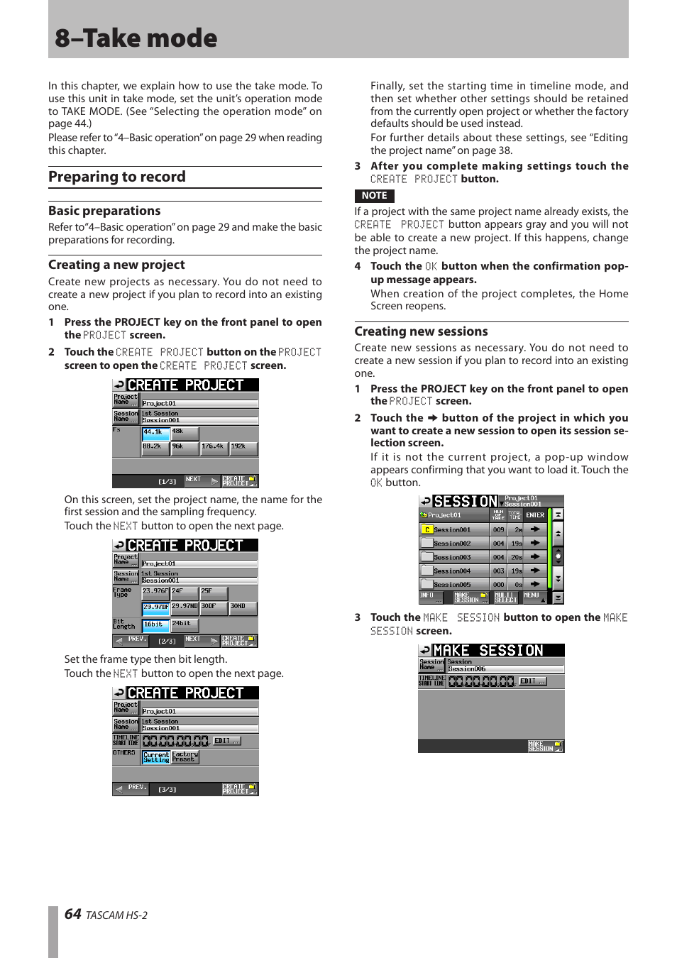 8–take mode, Preparing to record, Basic preparations | Creating a new project, Creating new sessions | Teac HS-2 User Manual | Page 64 / 132