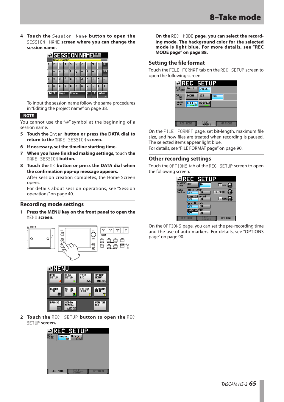 Recording mode settings, Setting the file format, Other recording settings | 8–take mode | Teac HS-2 User Manual | Page 65 / 132