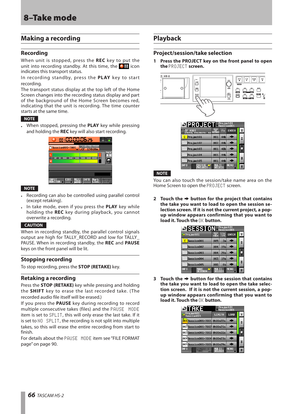 Making a recording, Recording, Stopping recording | Retaking a recording, Playback, Project/session/take selection, 8–take mode | Teac HS-2 User Manual | Page 66 / 132