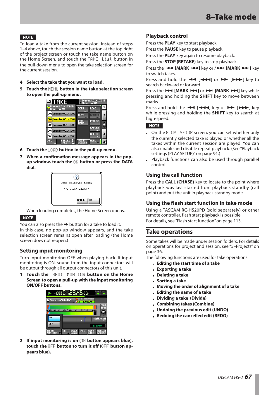 Setting input monitoring, Playback control, Using the call function | Using the flash start function in take mode, Take operations, 8–take mode | Teac HS-2 User Manual | Page 67 / 132