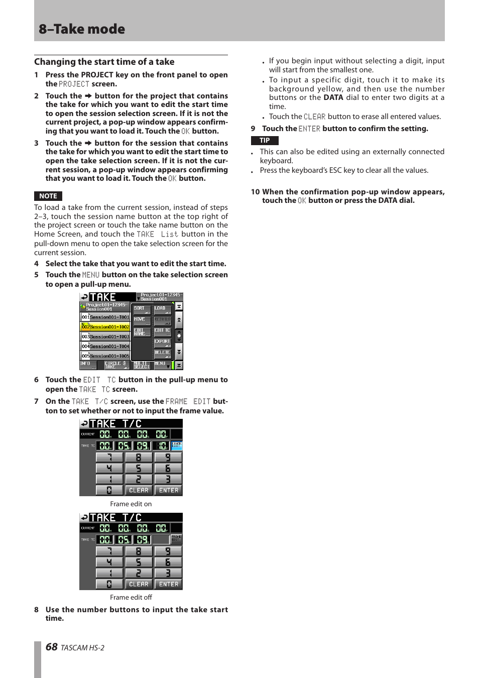 Changing the start time of a take, 8–take mode | Teac HS-2 User Manual | Page 68 / 132