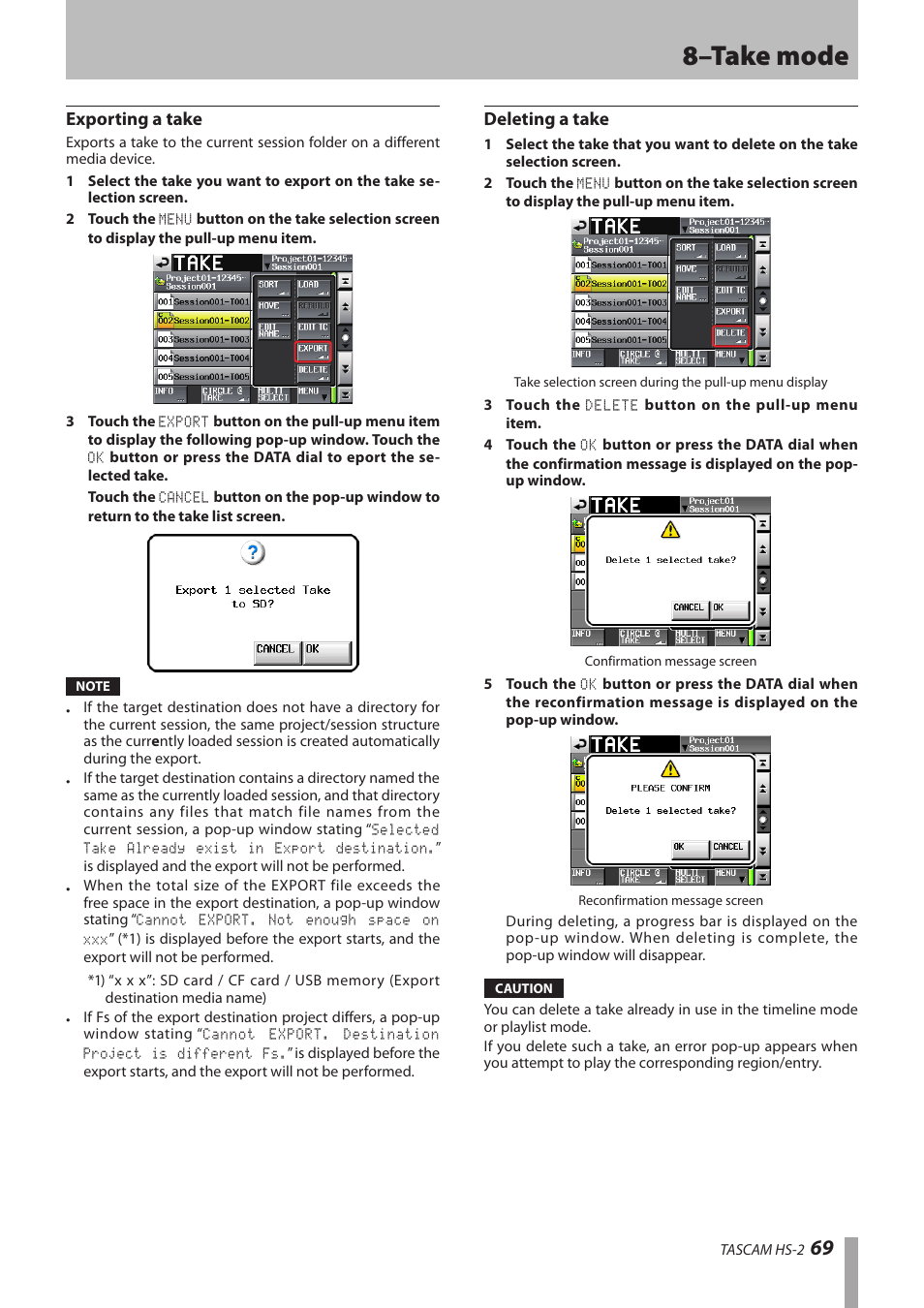 Exporting a take, Deleting a take, 8–take mode | Teac HS-2 User Manual | Page 69 / 132
