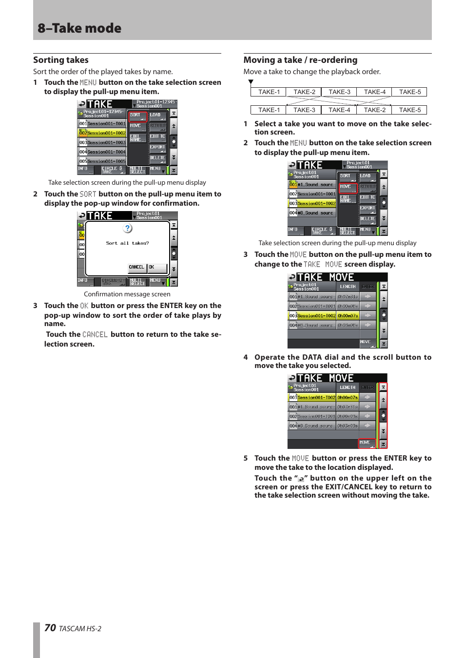 Sorting takes, Moving a take / re-ordering, 8–take mode | Teac HS-2 User Manual | Page 70 / 132