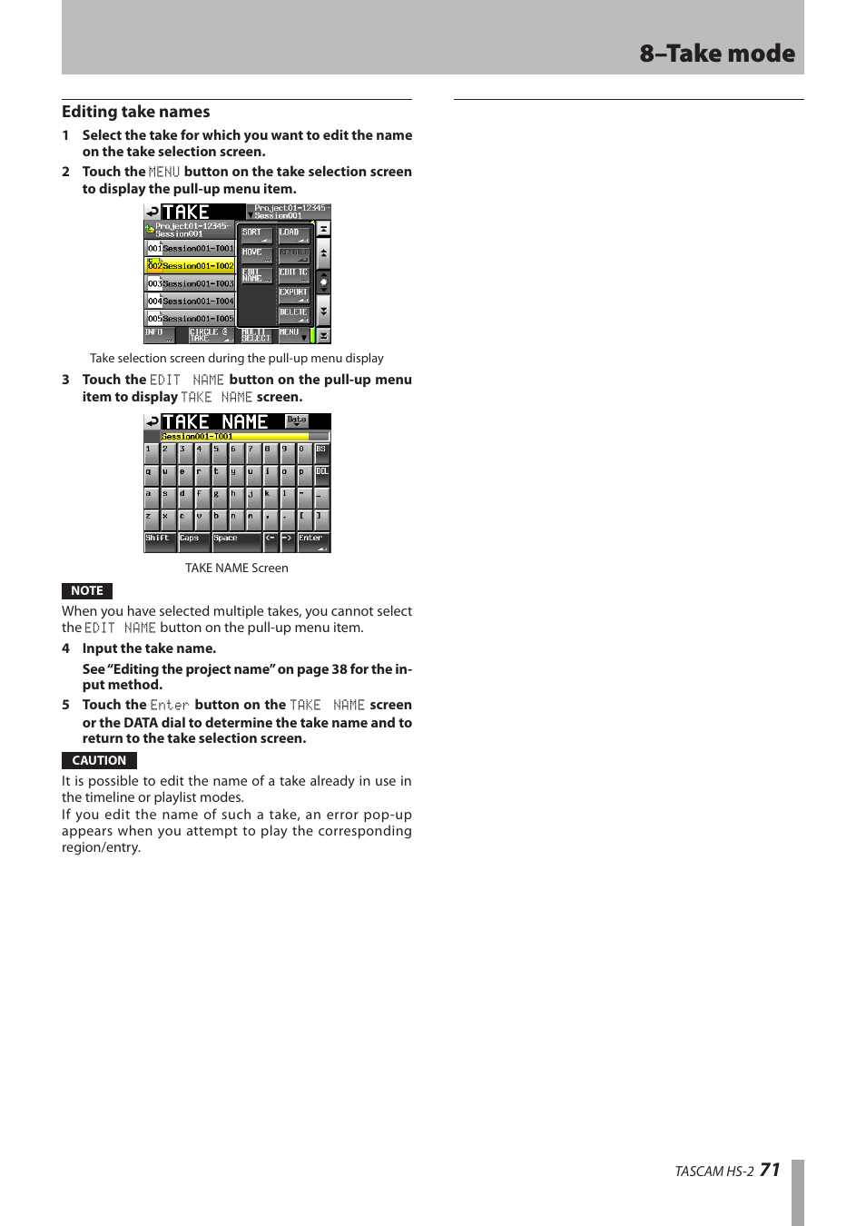 Editing take names, 8–take mode | Teac HS-2 User Manual | Page 71 / 132