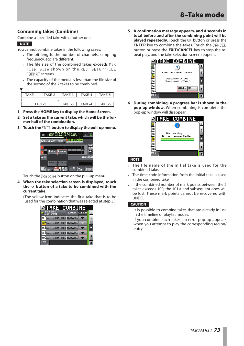 Combining takes (combine), 8–take mode | Teac HS-2 User Manual | Page 73 / 132