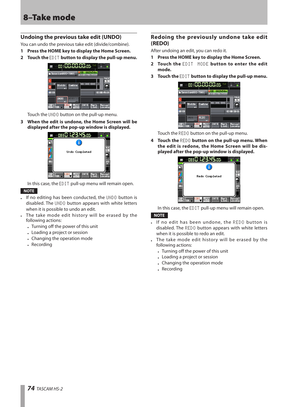 Undoing the previous take edit (undo), Redoing the previously undone take edit (redo), 8–take mode | Teac HS-2 User Manual | Page 74 / 132