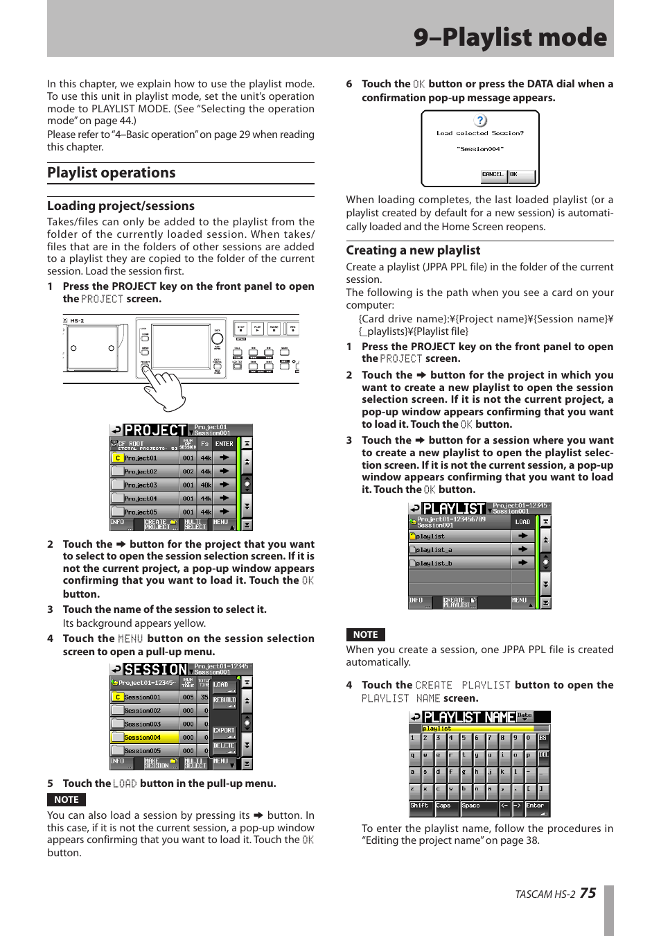 9–playlist mode, Playlist operations, Loading project/sessions | Creating a new playlist | Teac HS-2 User Manual | Page 75 / 132