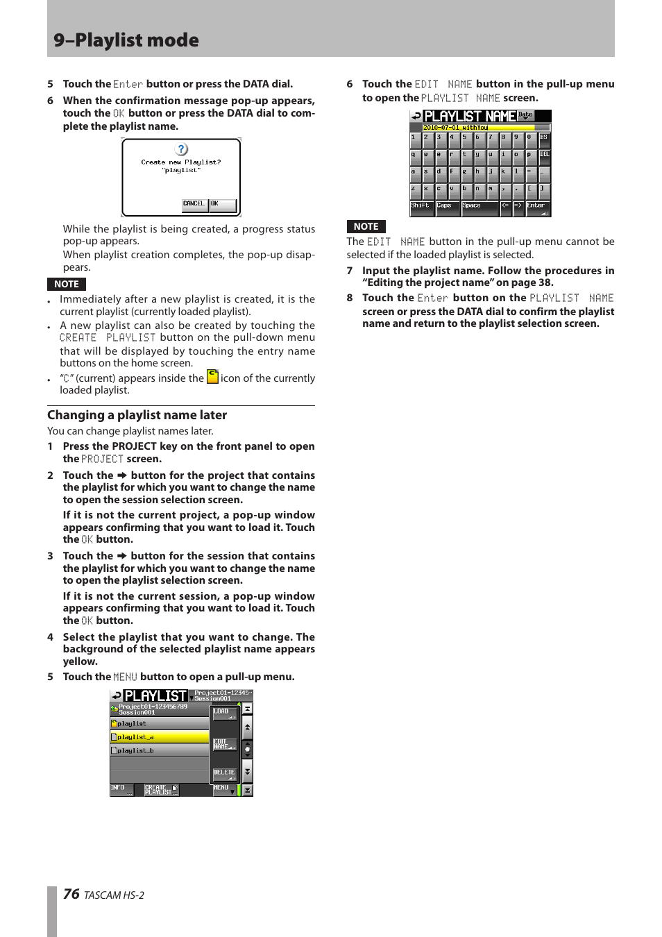 Changing a playlist name later, 9–playlist mode | Teac HS-2 User Manual | Page 76 / 132