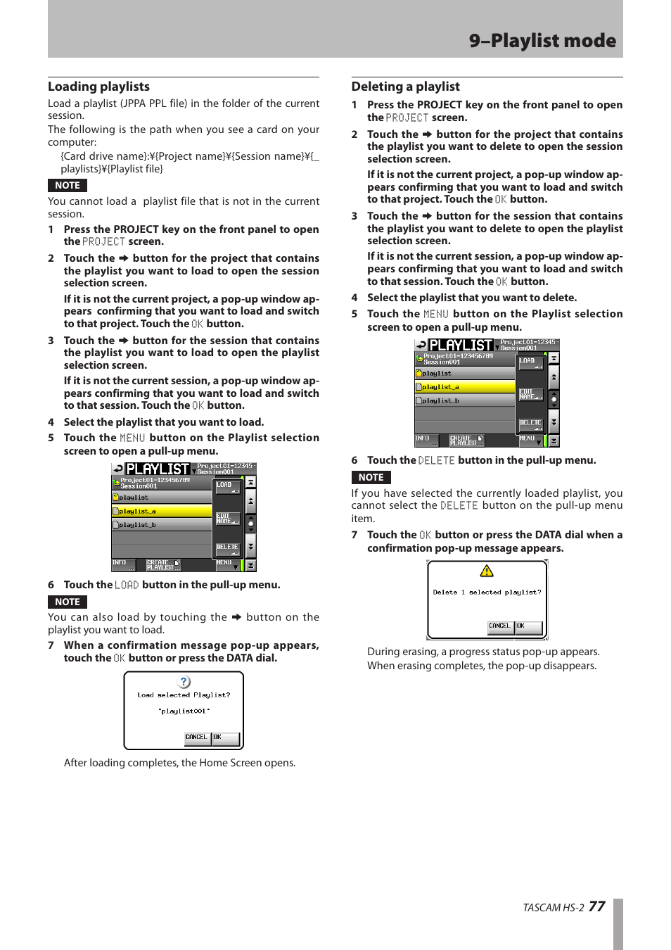 Loading playlists, Deleting a playlist, 9–playlist mode | Teac HS-2 User Manual | Page 77 / 132