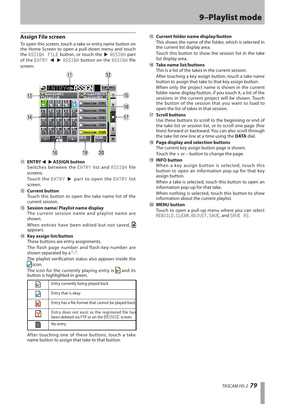 Assign file screen, 9–playlist mode | Teac HS-2 User Manual | Page 79 / 132