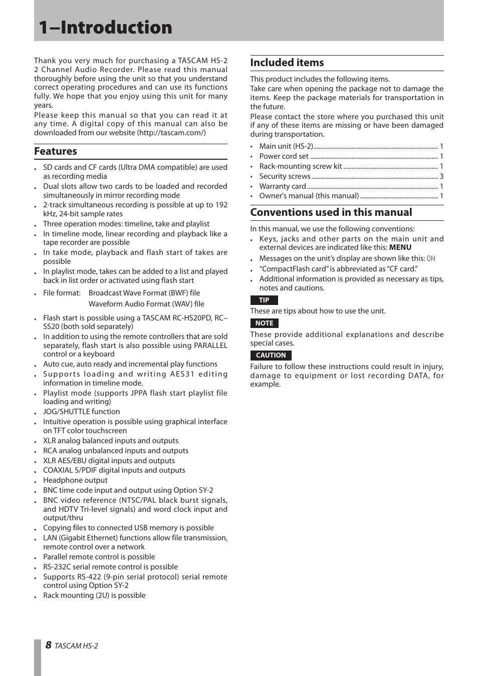 1−introduction, Features, Included items | Conventions used in this manual | Teac HS-2 User Manual | Page 8 / 132