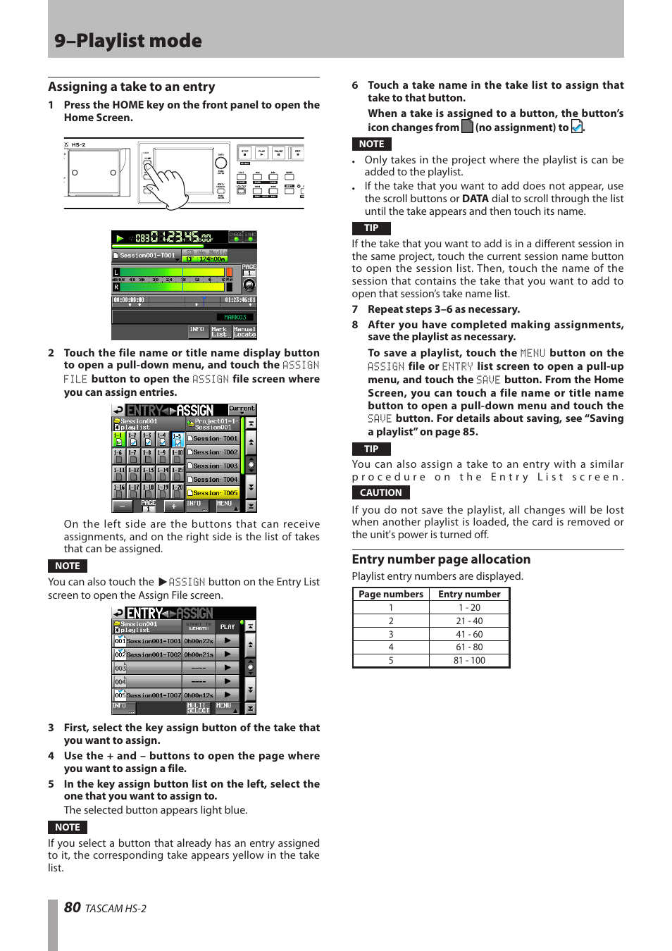 Assigning a take to an entry, 9–playlist mode, Entry number page allocation | Teac HS-2 User Manual | Page 80 / 132