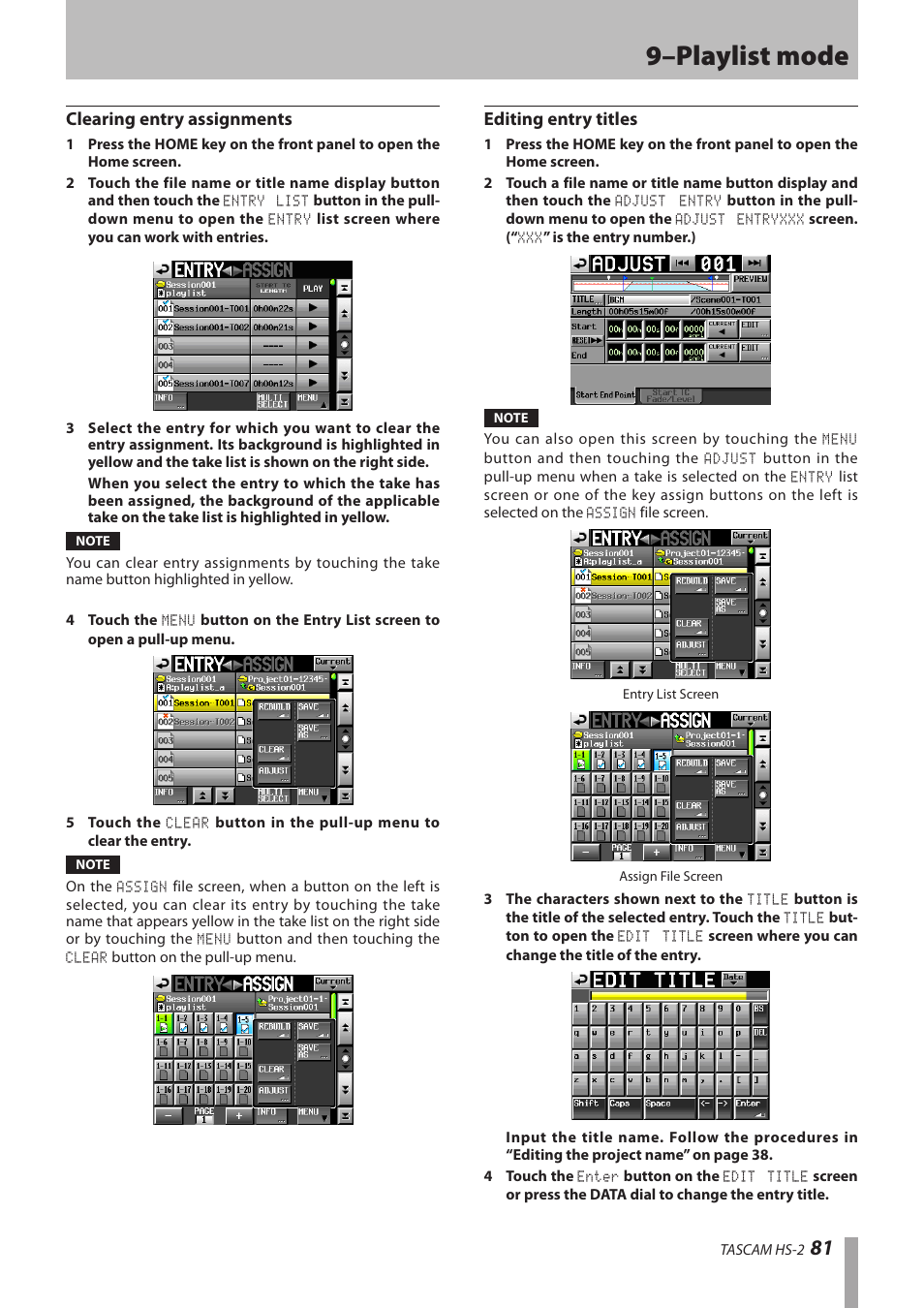 Clearing entry assignments, Editing entry titles, 9–playlist mode | Teac HS-2 User Manual | Page 81 / 132