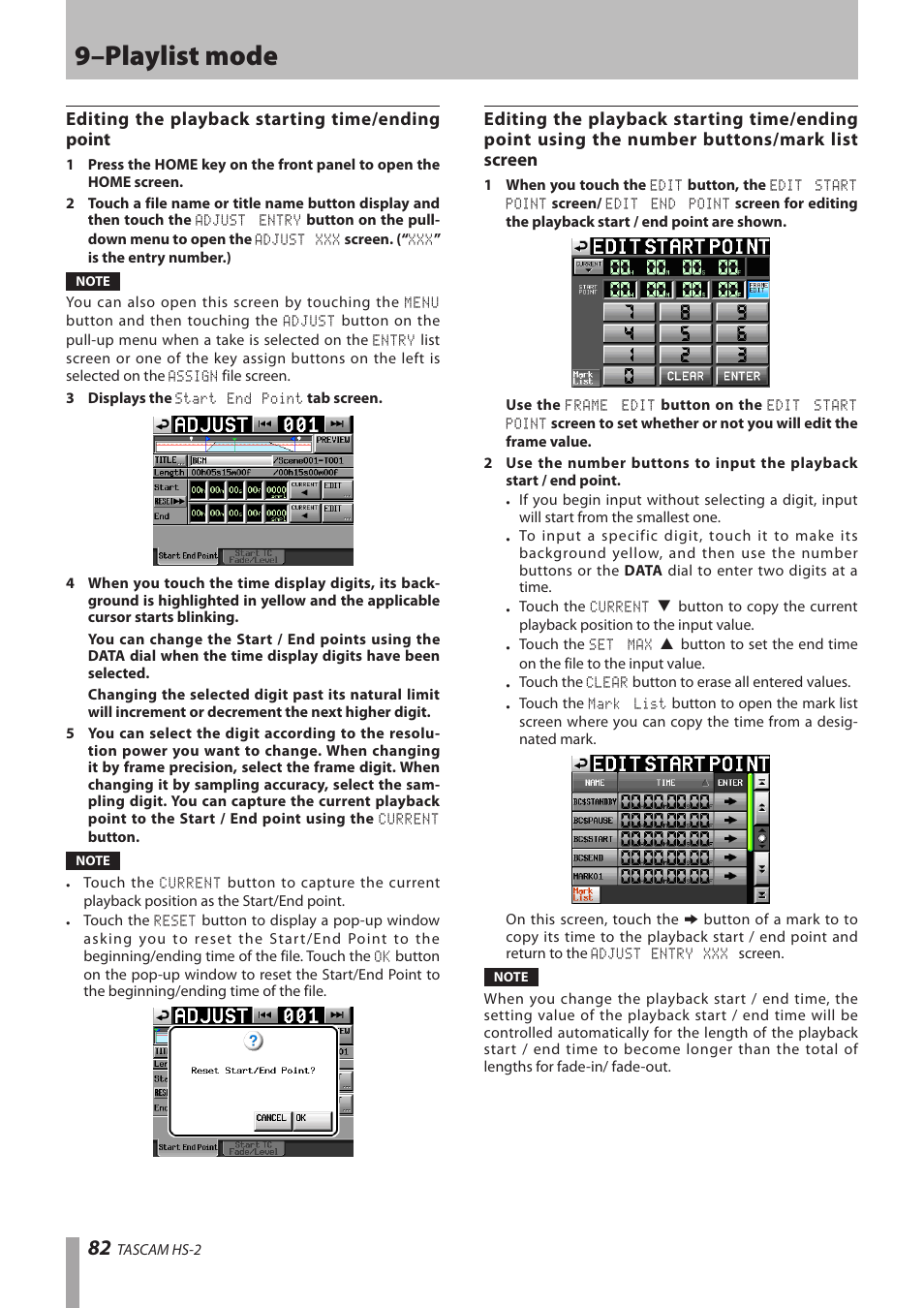 Editing the playback starting time/ending point, 9–playlist mode | Teac HS-2 User Manual | Page 82 / 132