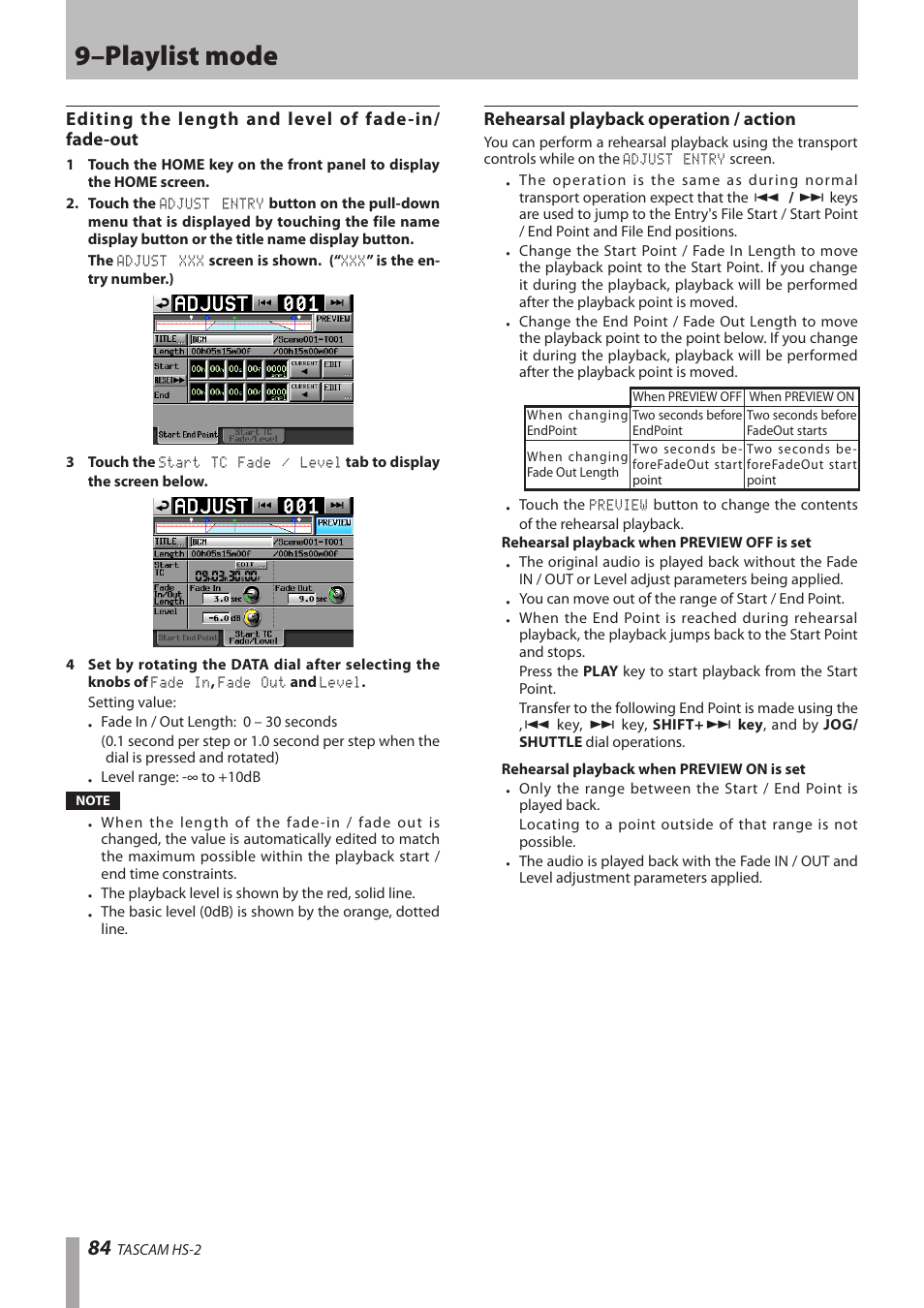 Editing the length and level of fade-in/ fade-out, Rehearsal playback operation / action, 9–playlist mode | Teac HS-2 User Manual | Page 84 / 132