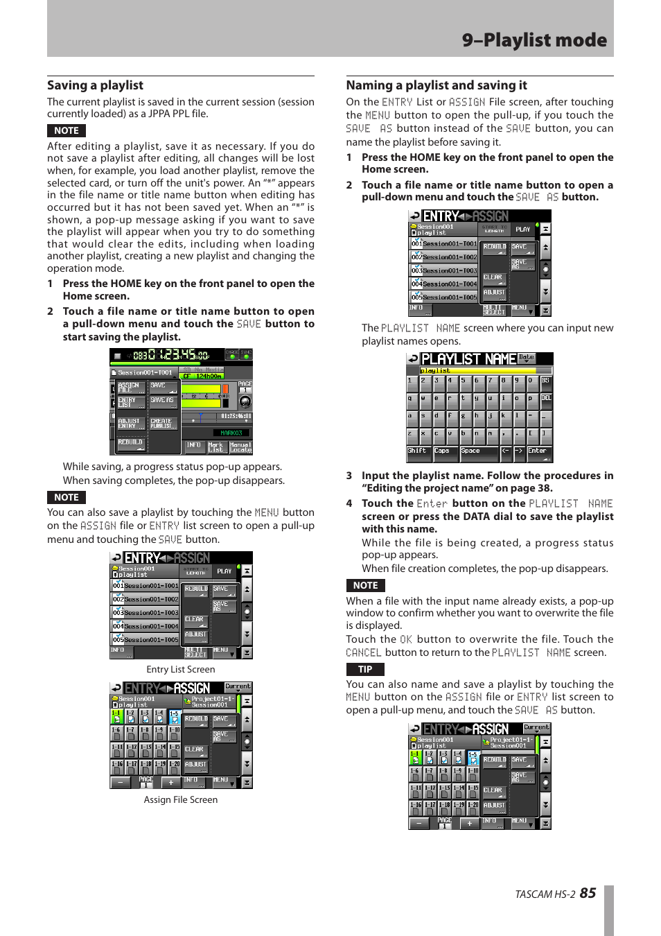 Saving a playlist, Naming a playlist and saving it, 9–playlist mode | Teac HS-2 User Manual | Page 85 / 132