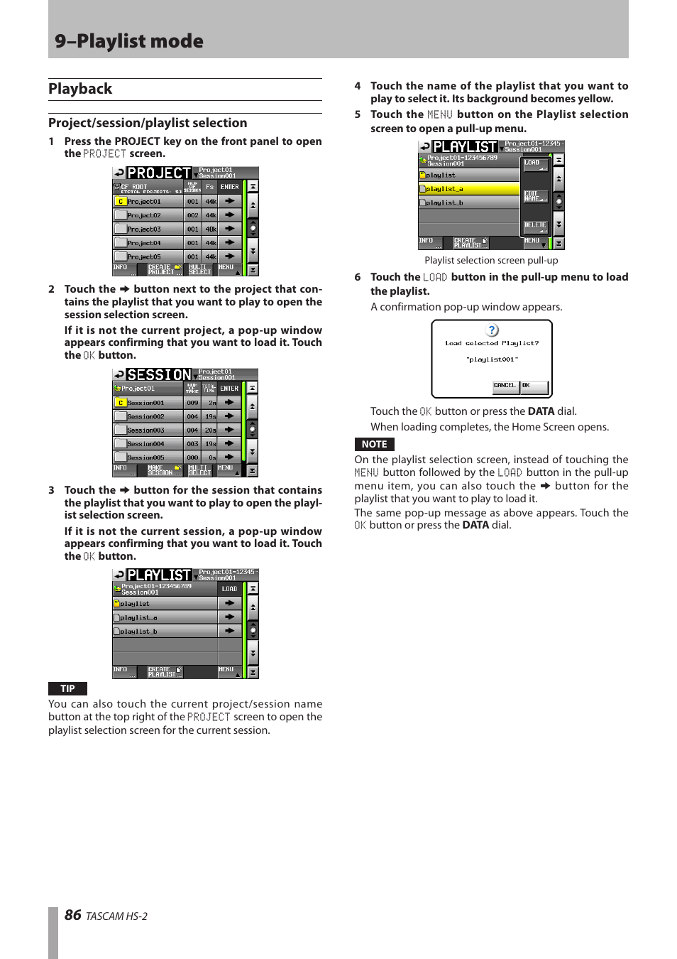 Playback, Project/session/playlist selection, 9–playlist mode | Teac HS-2 User Manual | Page 86 / 132