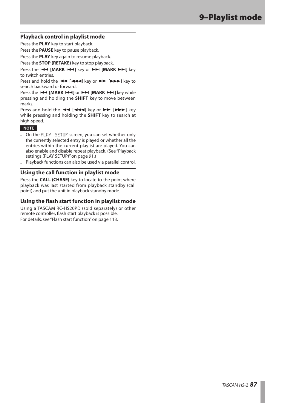 Playback control in playlist mode, Using the call function in playlist mode, Using the flash start function in playlist mode | 9–playlist mode | Teac HS-2 User Manual | Page 87 / 132