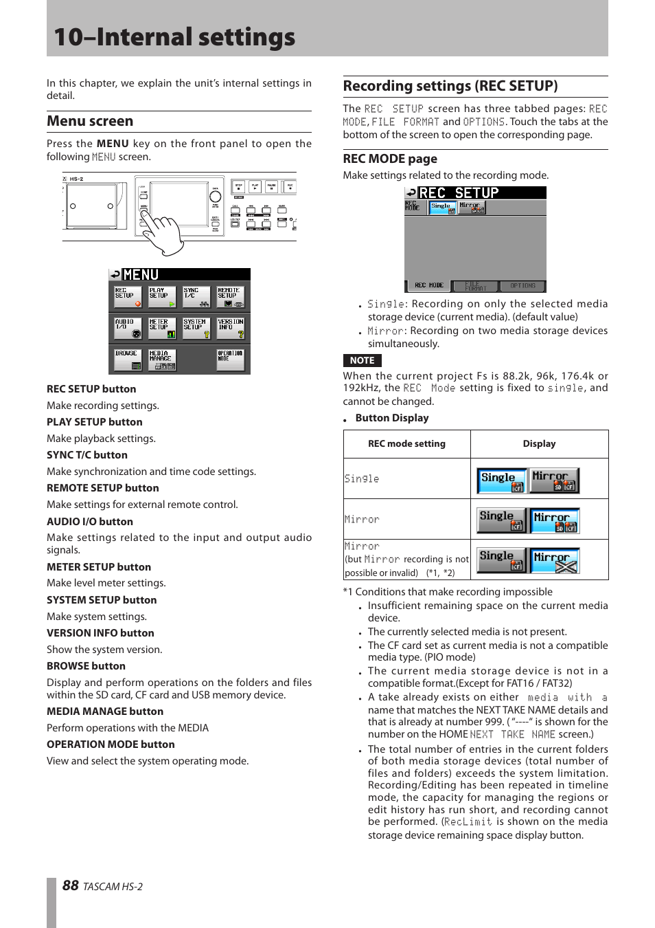 10–internal settings, Menu screen, Recording settings (rec setup) | Teac HS-2 User Manual | Page 88 / 132