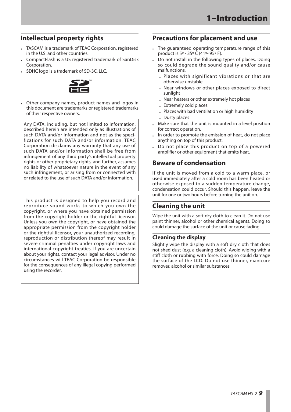 Intellectual property rights, Precautions for placement and use, Beware of condensation | Cleaning the unit, Cleaning the display, 1−introduction, 9intellectual property rights | Teac HS-2 User Manual | Page 9 / 132