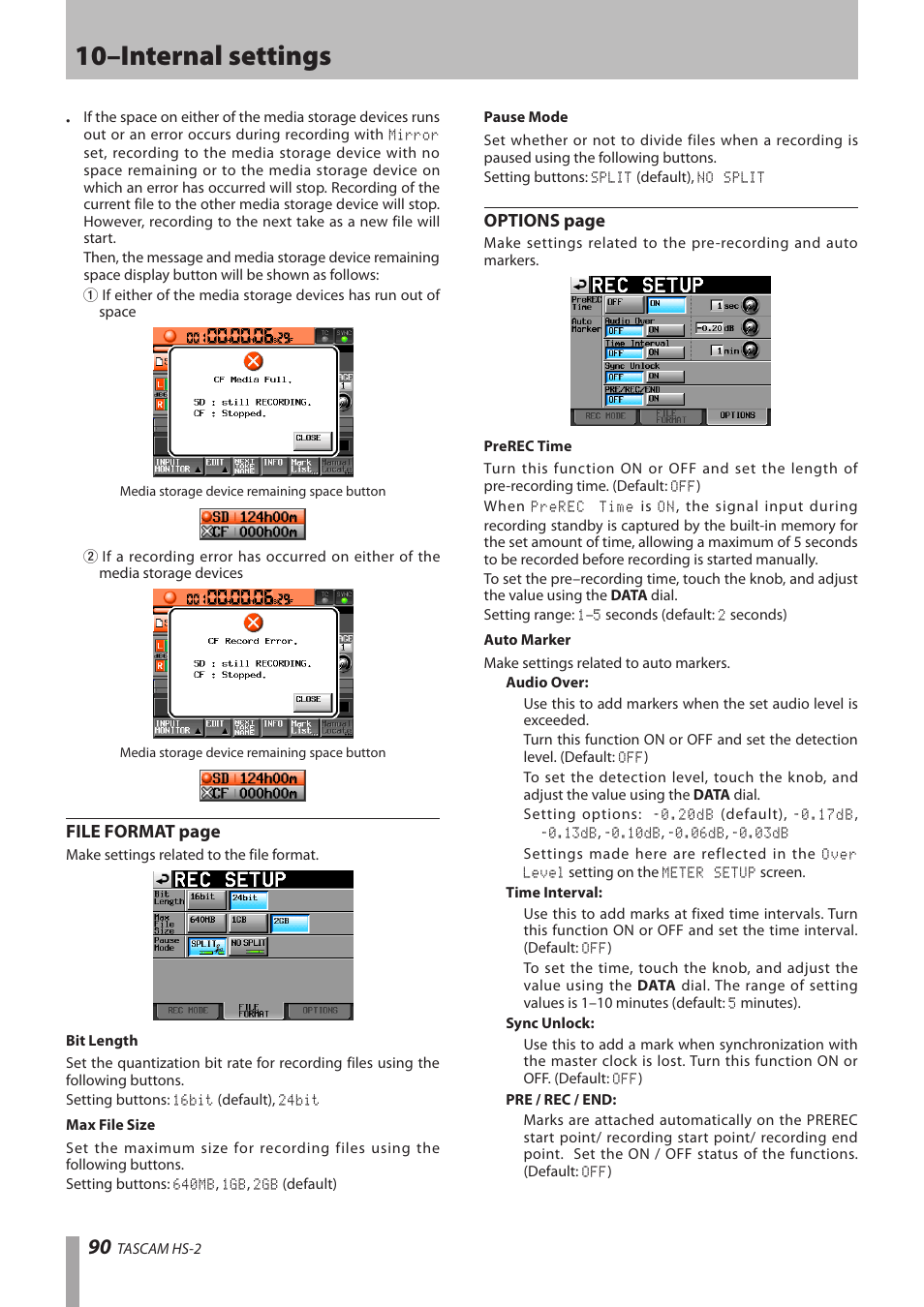 10–internal settings, File format page, Options page | Teac HS-2 User Manual | Page 90 / 132