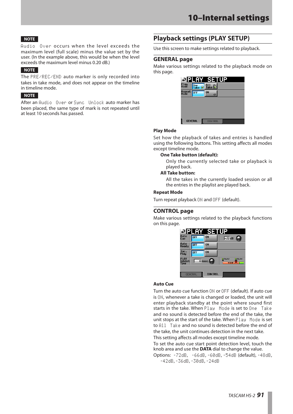 Playback settings (play setup), 10–internal settings, General page | Control page | Teac HS-2 User Manual | Page 91 / 132