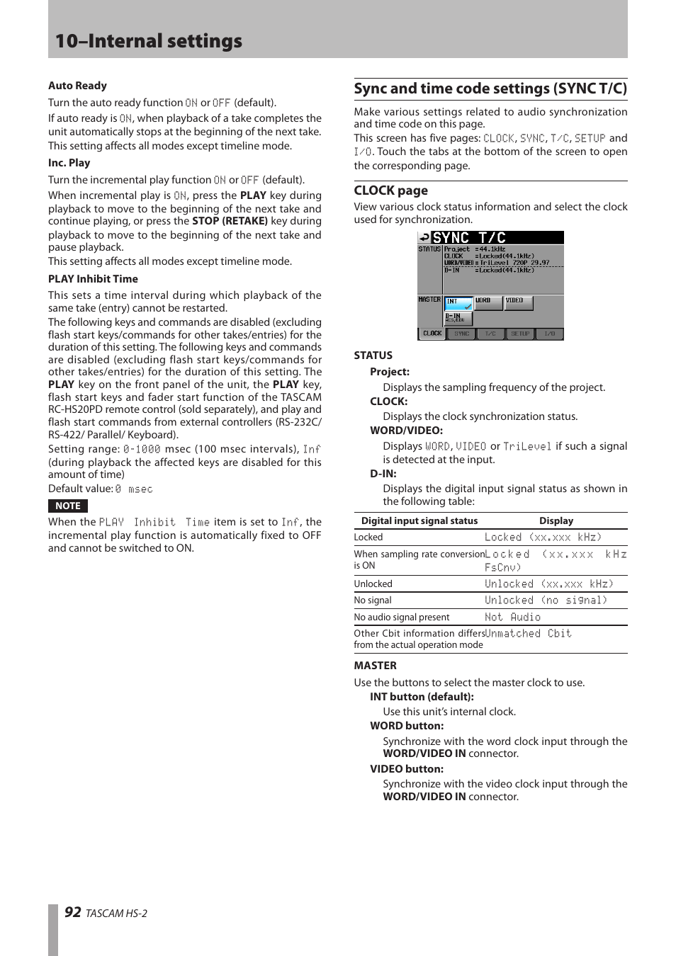 Sync and time code settings (sync t/c), 10–internal settings, Clock page | Teac HS-2 User Manual | Page 92 / 132