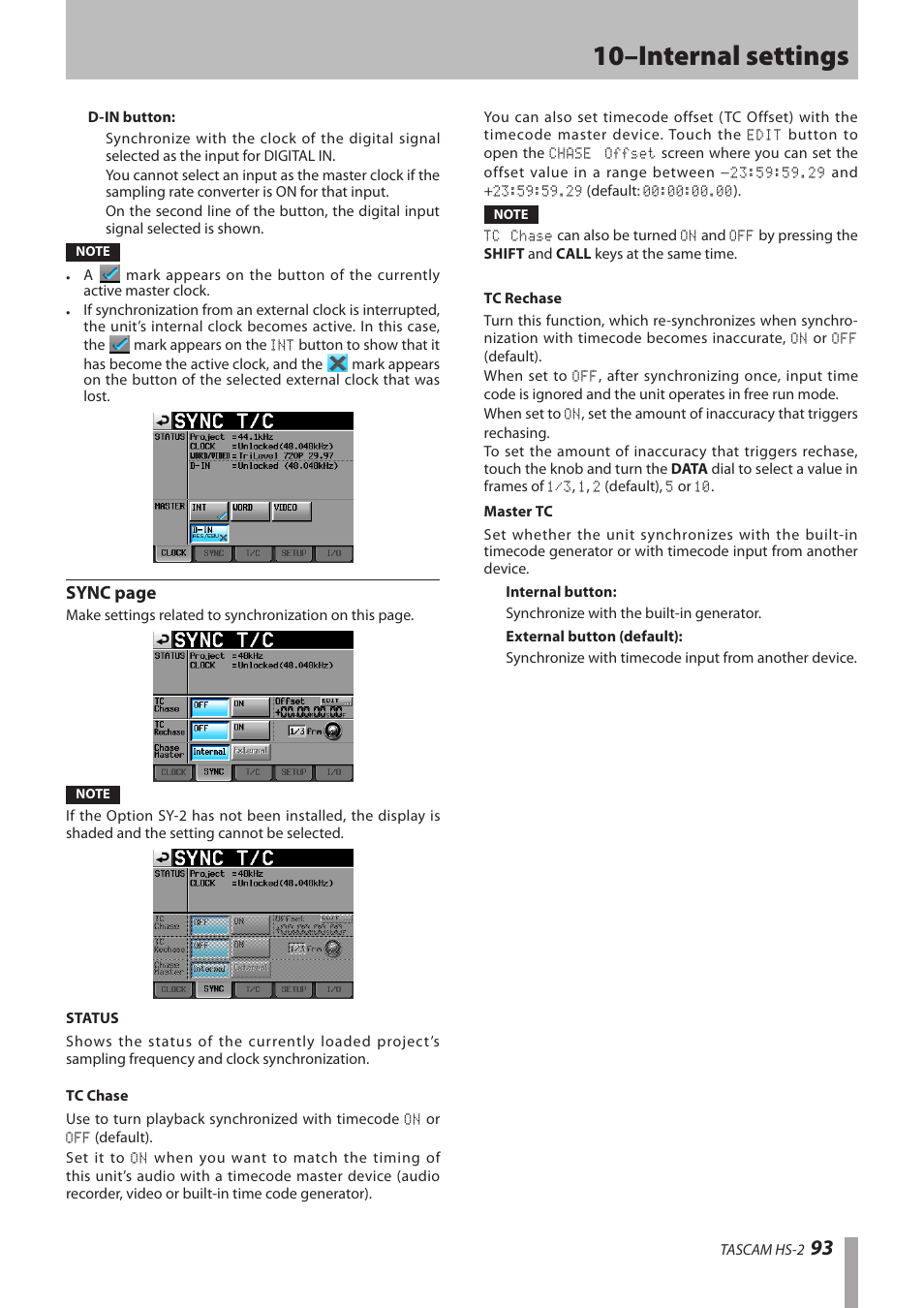 10–internal settings, Sync page | Teac HS-2 User Manual | Page 93 / 132