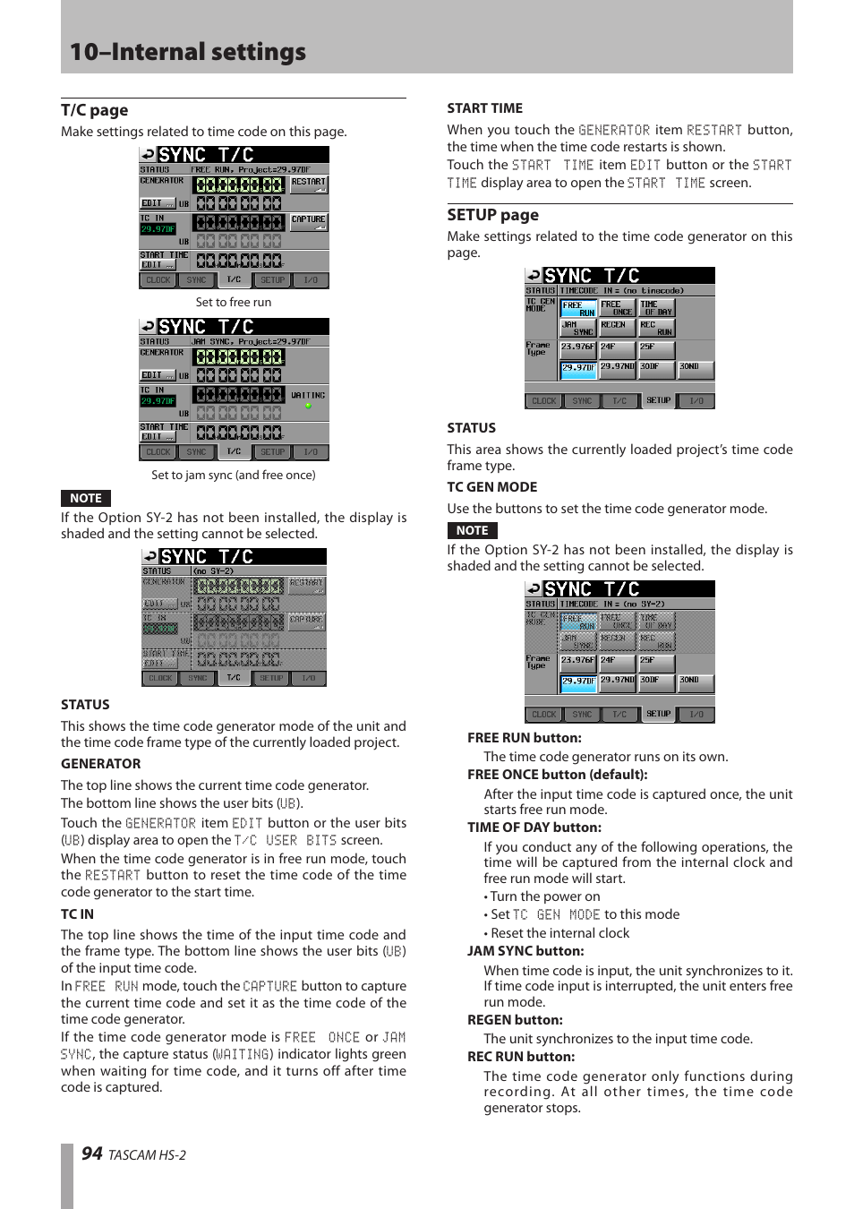 10–internal settings, T/c page, Setup page | Teac HS-2 User Manual | Page 94 / 132