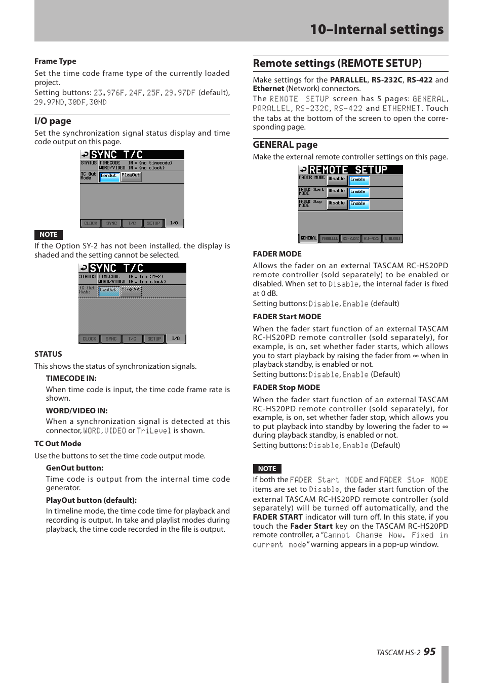 Remote settings (remote setup), 10–internal settings, I/o page | General page | Teac HS-2 User Manual | Page 95 / 132