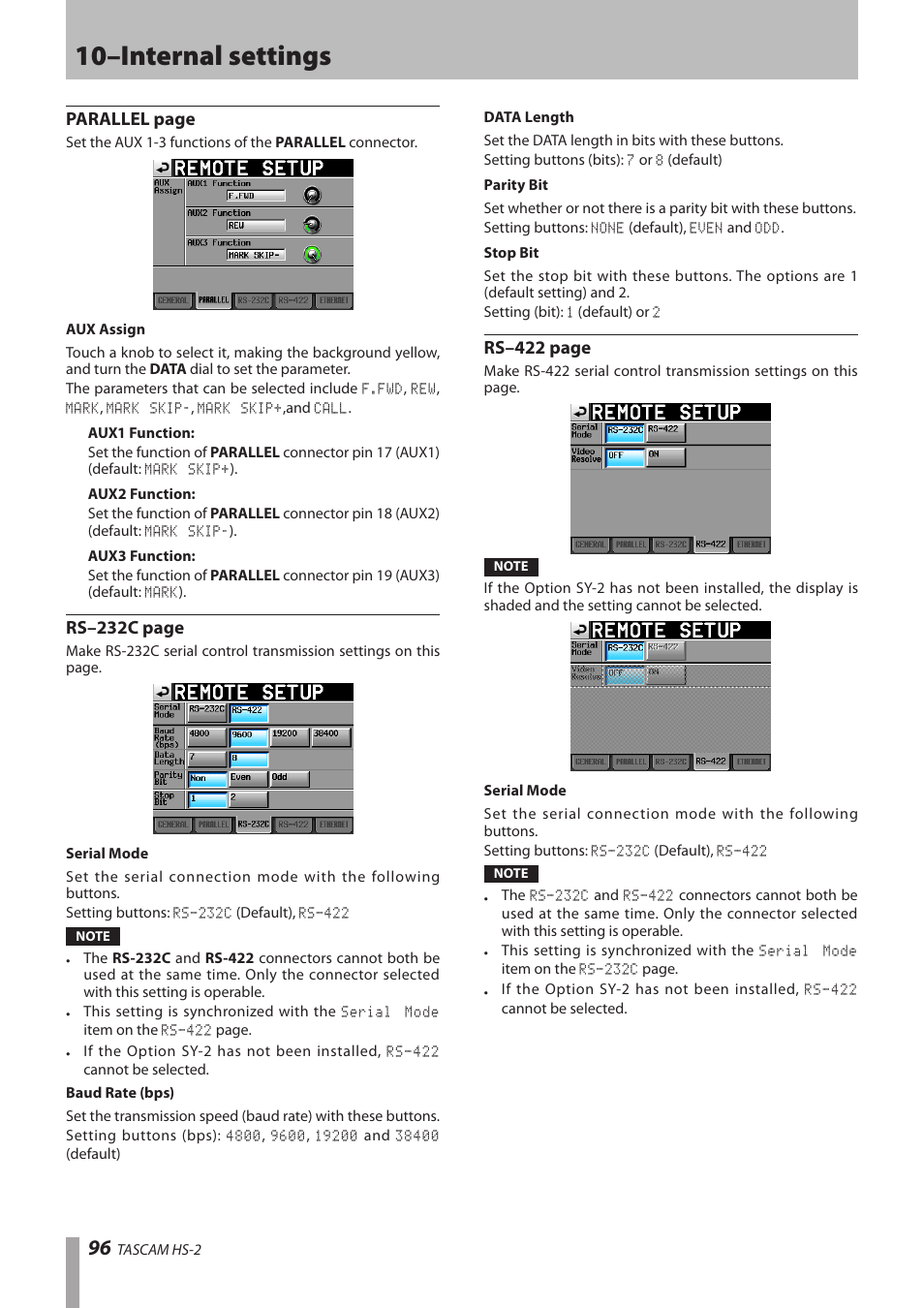 10–internal settings, Parallel page, Rs–232c page | Rs–422 page | Teac HS-2 User Manual | Page 96 / 132