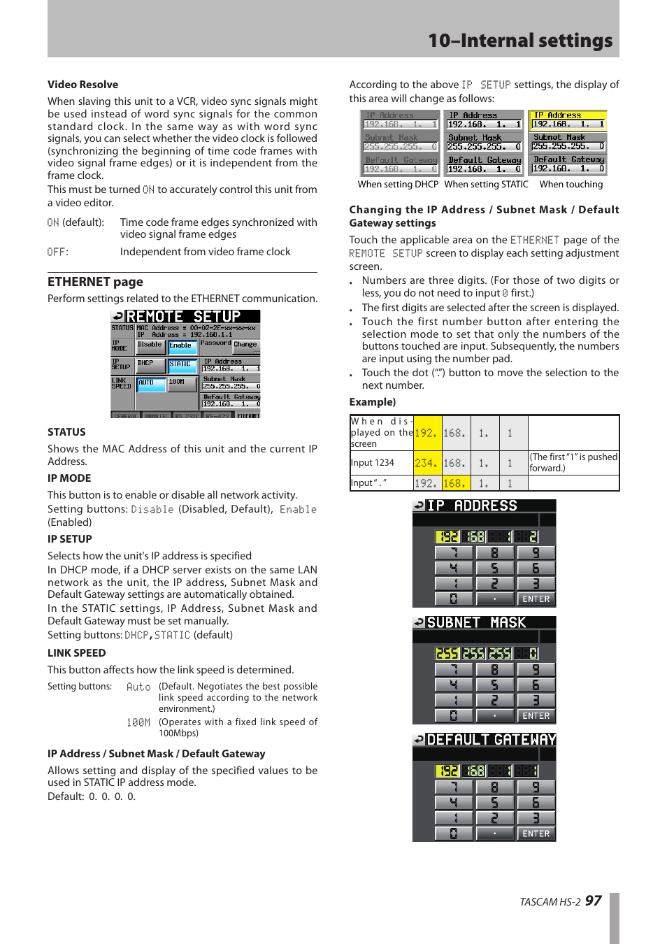 10–internal settings, Ethernet page | Teac HS-2 User Manual | Page 97 / 132