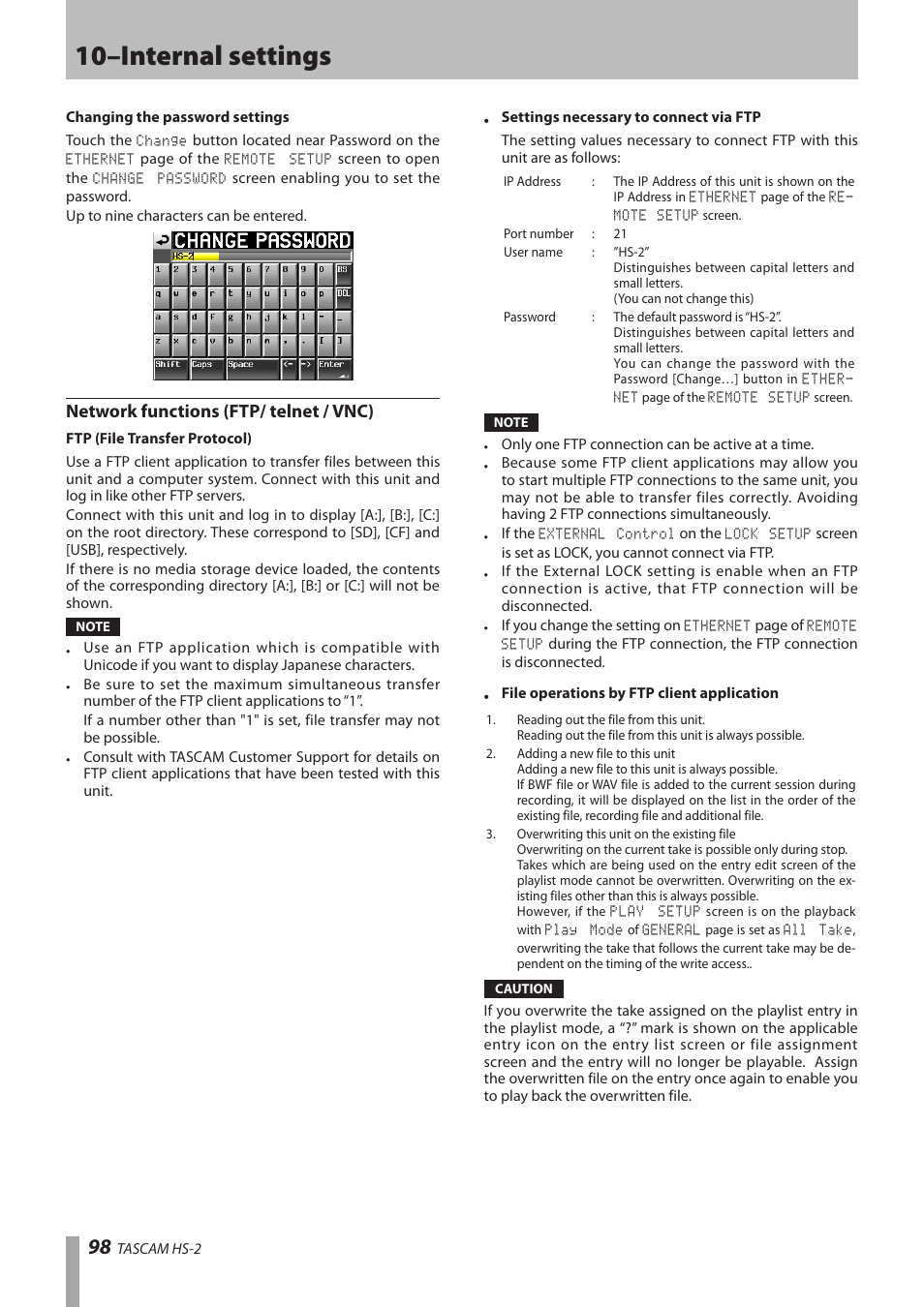 Network functions (ftp/ telnet / vnc), 10–internal settings | Teac HS-2 User Manual | Page 98 / 132