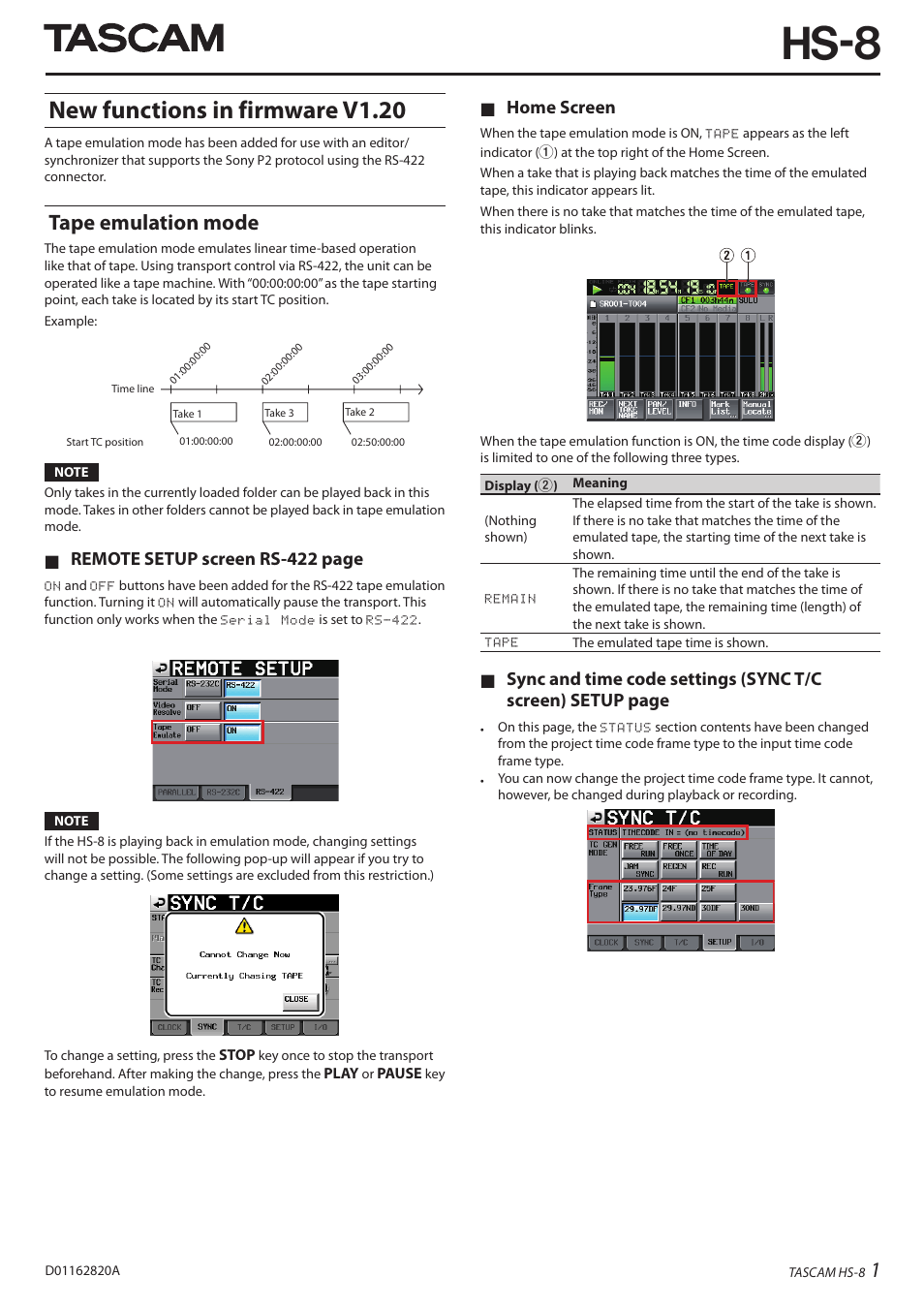 Teac HS-8 Firmware v1.20 User Manual | 4 pages