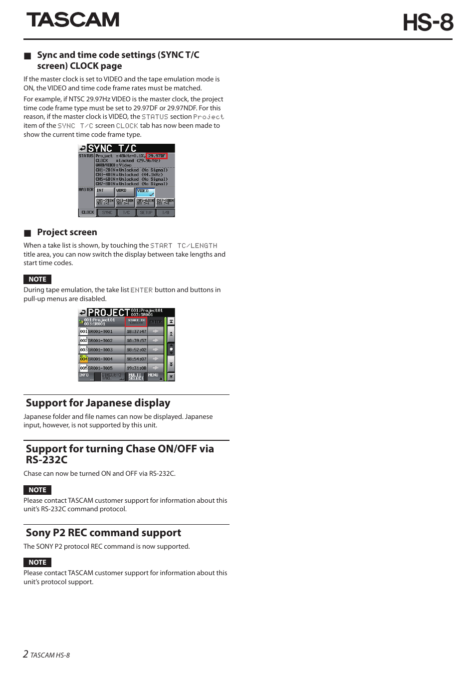 Hs-8, Support for japanese display, Support for turning chase on/off via rs-232c | Sony p2 rec command support | Teac HS-8 Firmware v1.20 User Manual | Page 2 / 4