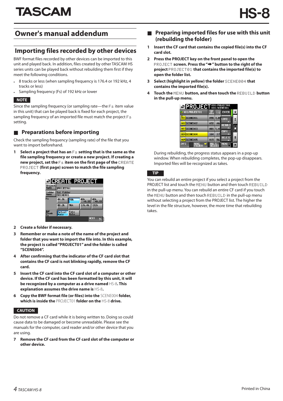 Hs-8, Owner's manual addendum, Importing files recorded by other devices | Preparations before importing ª | Teac HS-8 Firmware v1.20 User Manual | Page 4 / 4