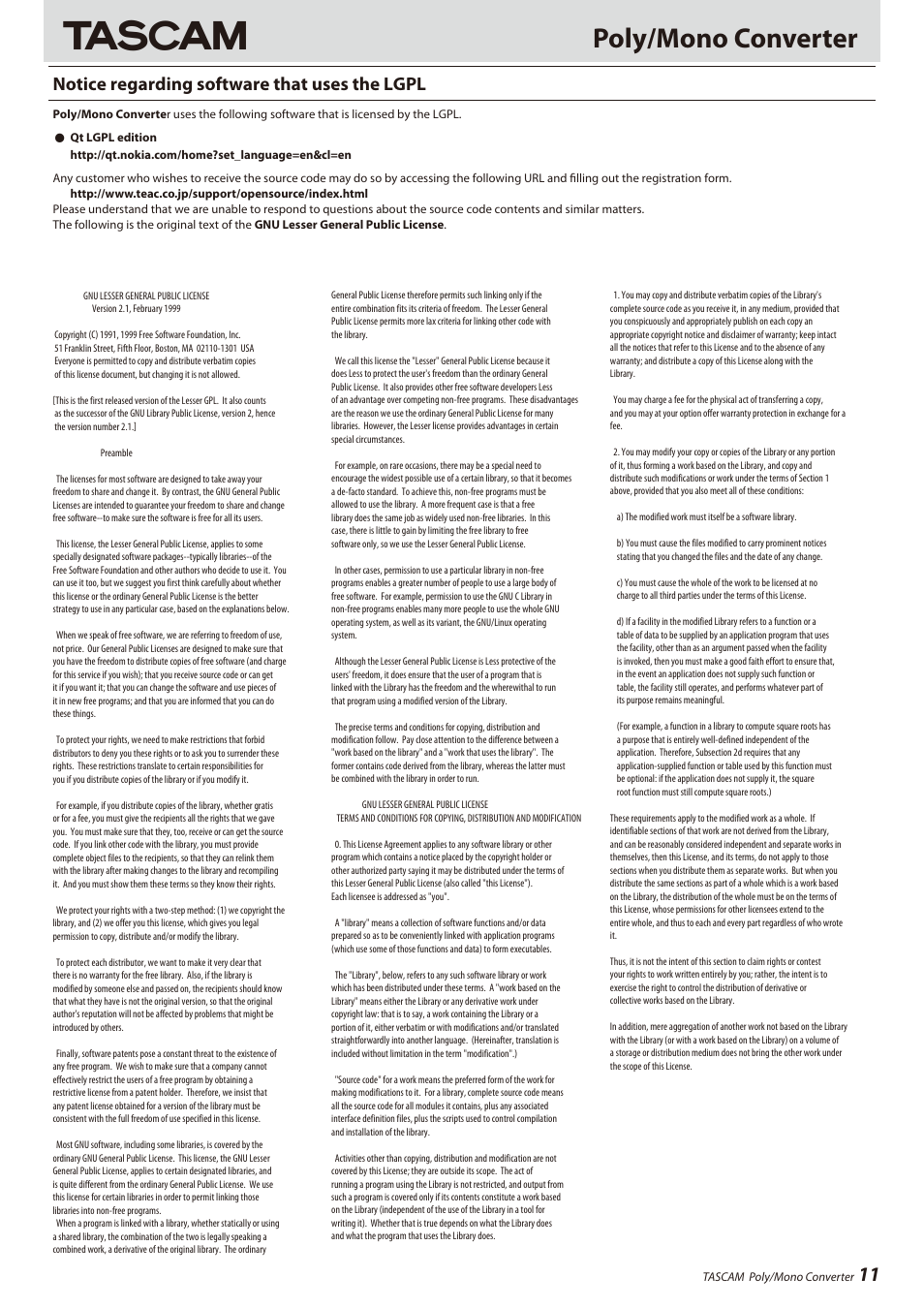 Notice regarding software that uses the lgpl, Poly/mono converter | Teac HS-8 Software Manual User Manual | Page 11 / 13