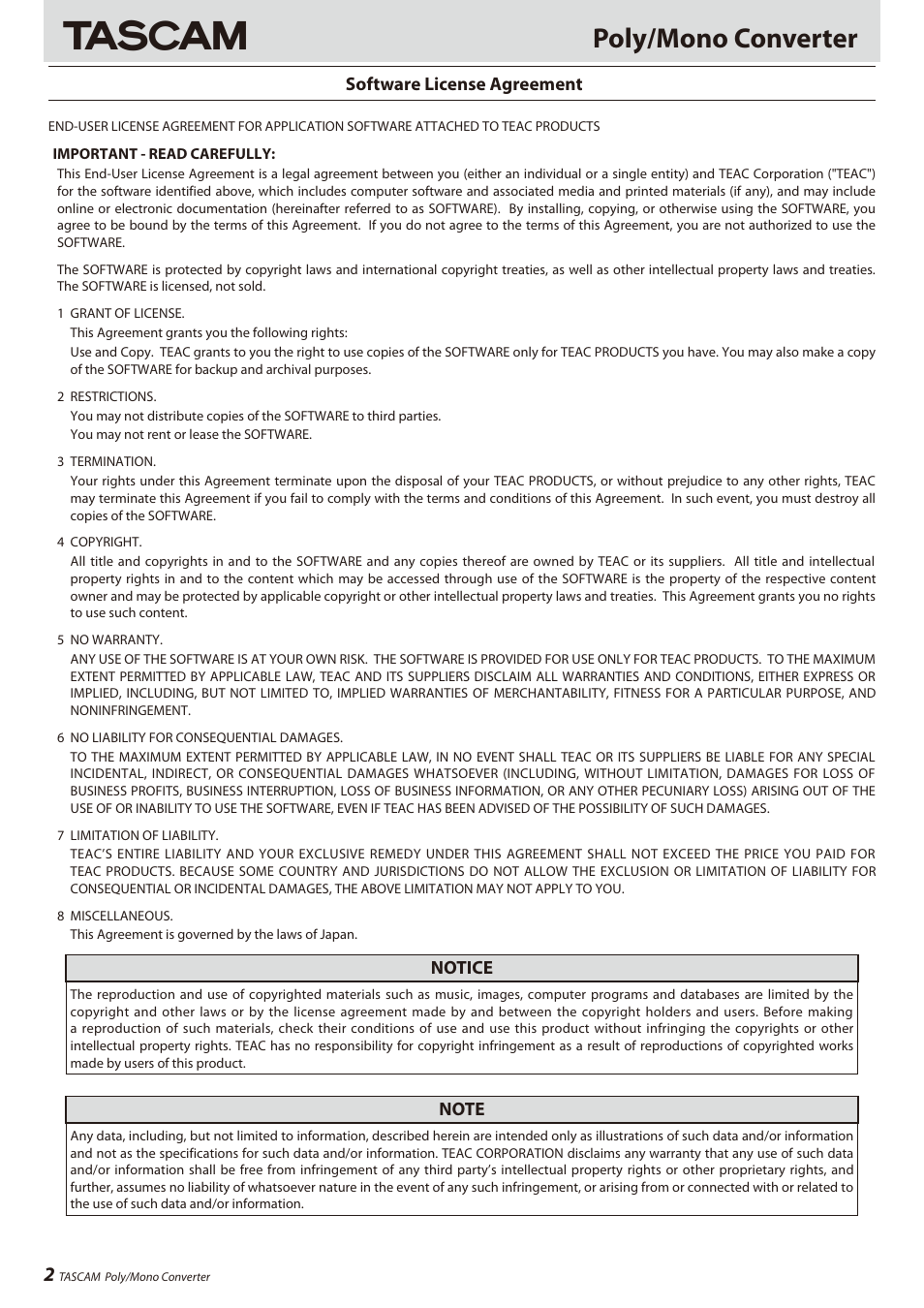 Software license agreement, Poly/mono converter | Teac HS-8 Software Manual User Manual | Page 2 / 13