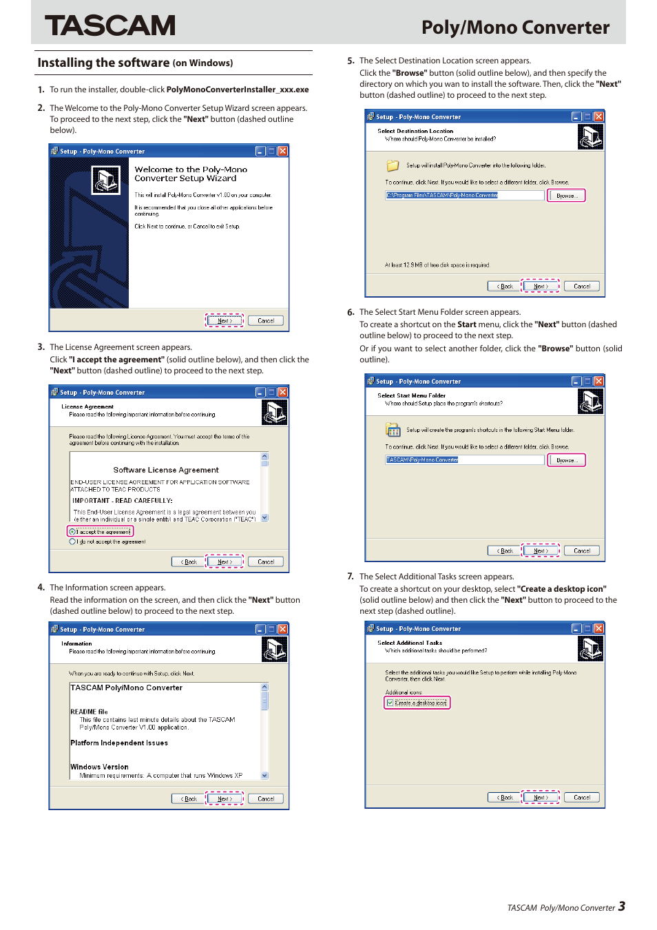 Installing the software (on windows), Poly/mono converter | Teac HS-8 Software Manual User Manual | Page 3 / 13