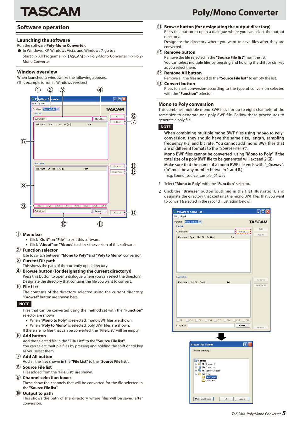 Software operation, Launching the software, Window overview | Mono to poly conversion, Poly/mono converter | Teac HS-8 Software Manual User Manual | Page 5 / 13