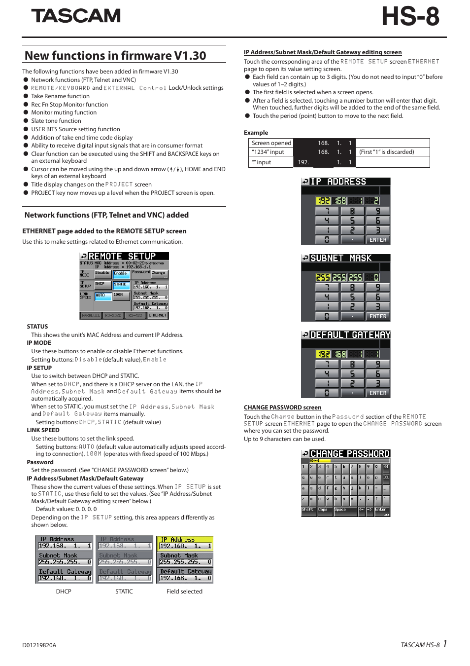 Teac HS-8 Firmware V1.30 User Manual | 4 pages