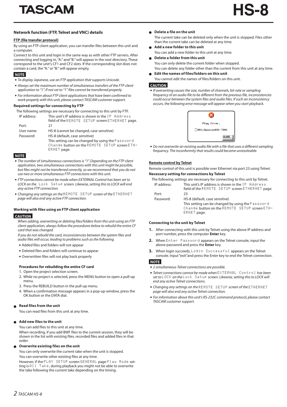 Hs-8 | Teac HS-8 Firmware V1.30 User Manual | Page 2 / 4