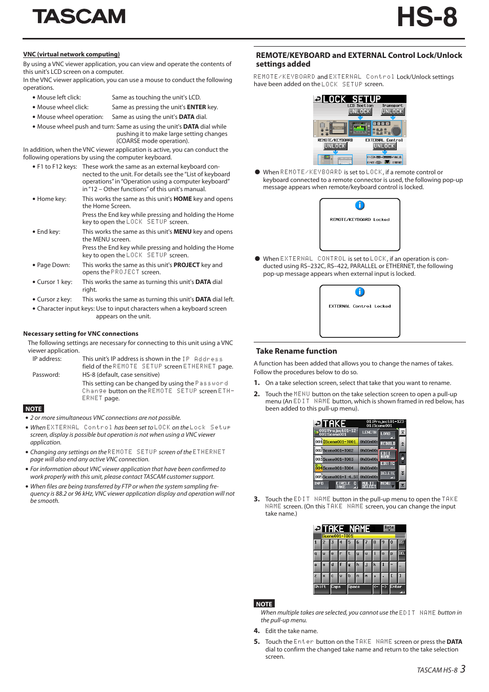 Take rename function, Hs-8 | Teac HS-8 Firmware V1.30 User Manual | Page 3 / 4