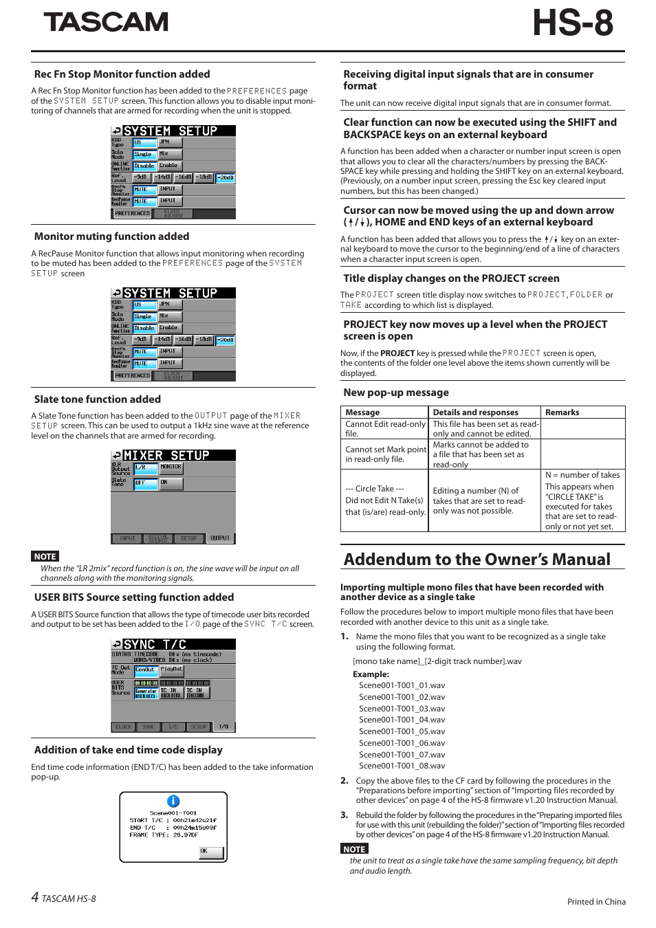 Rec fn stop monitor function added, Monitor muting function added, Slate tone function added | User bits source setting function added, Addition of take end time code display, Title display changes on the project screen, New pop-up message, Addendum to the owner’s manual, Hs-8 | Teac HS-8 Firmware V1.30 User Manual | Page 4 / 4