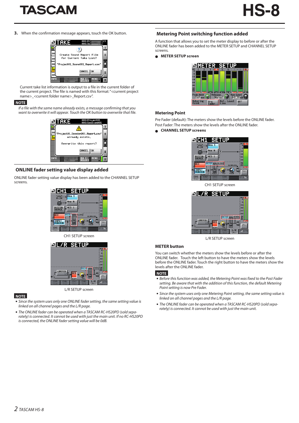 Hs-8 | Teac HS-8 Firmware V1.40 User Manual | Page 2 / 8