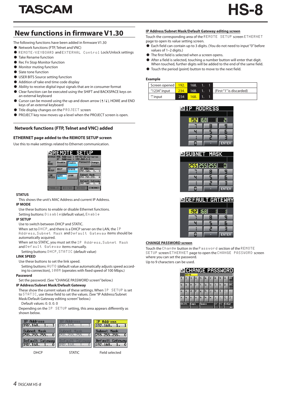 Hs-8, New functions in firmware v1.30, Network functions (ftp, telnet and vnc) added | Teac HS-8 Firmware V1.40 User Manual | Page 4 / 8