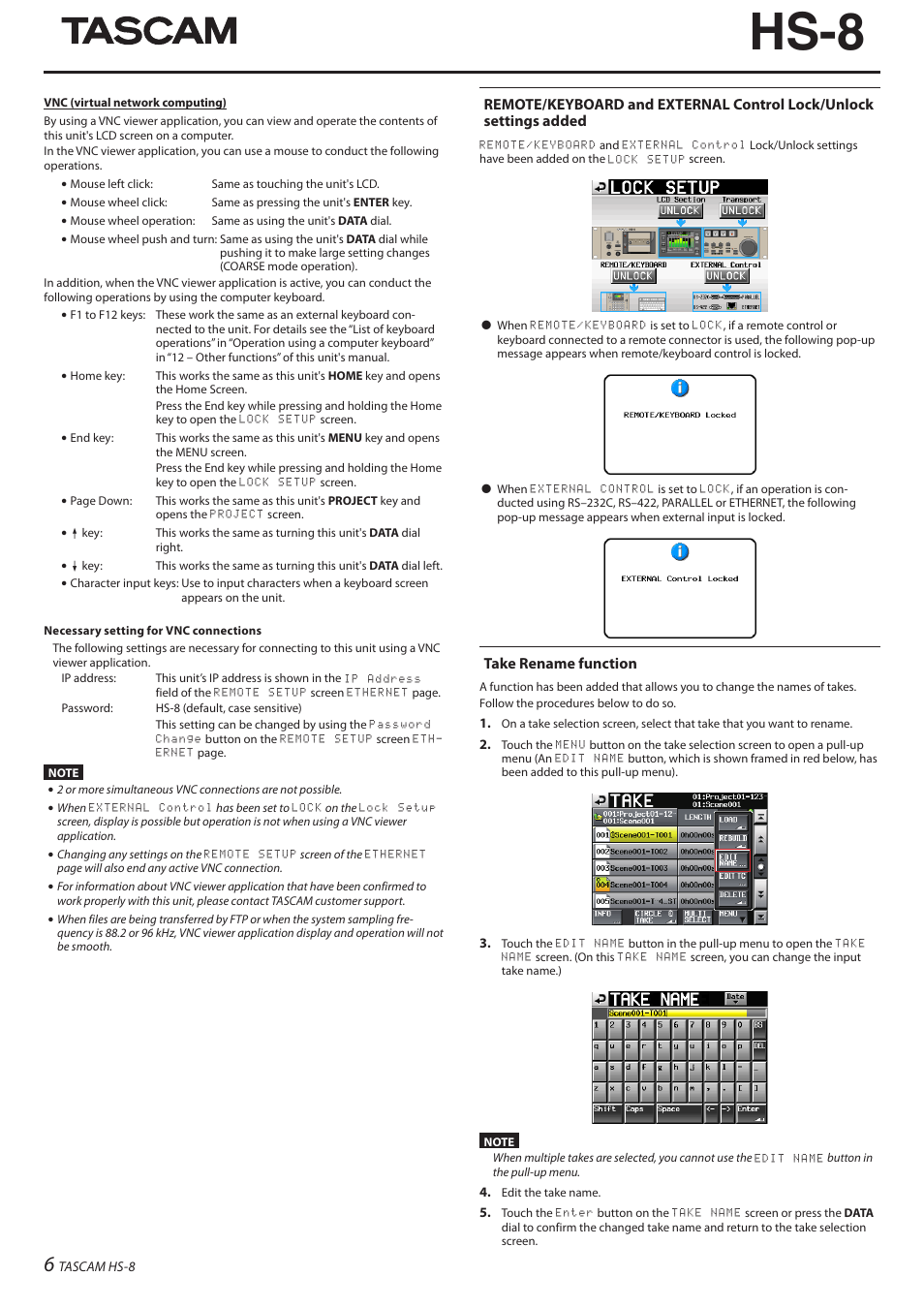 Hs-8, Take rename function | Teac HS-8 Firmware V1.40 User Manual | Page 6 / 8