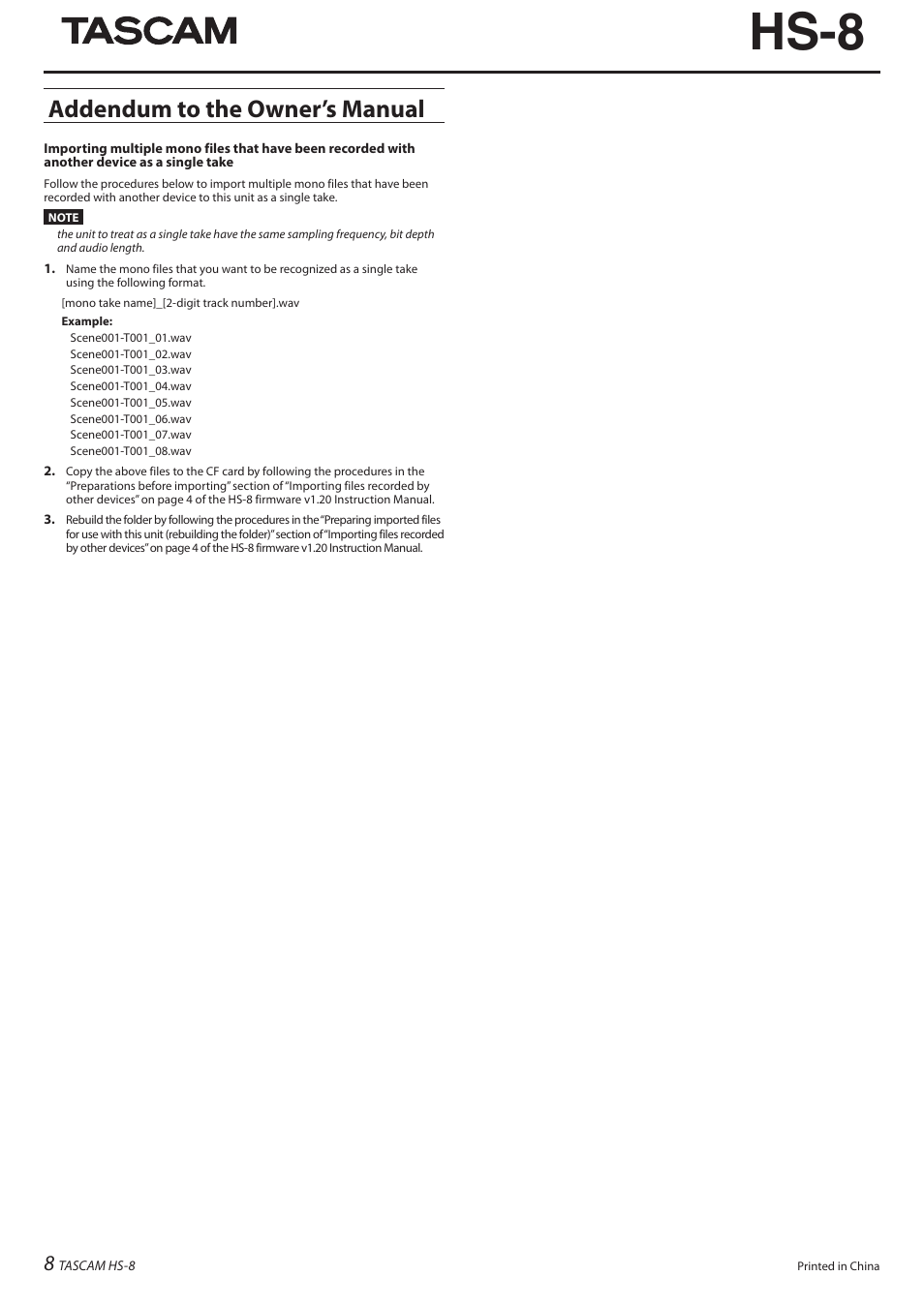 Hs-8, Addendum to the owner’s manual | Teac HS-8 Firmware V1.40 User Manual | Page 8 / 8